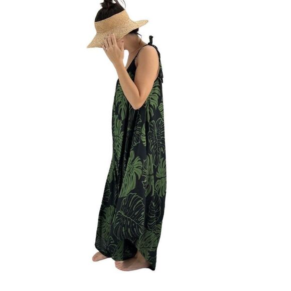 Pōʻalima Black Green Monstera Tropical Boho Wide Leg Beach Romper - Picture 10 of 15